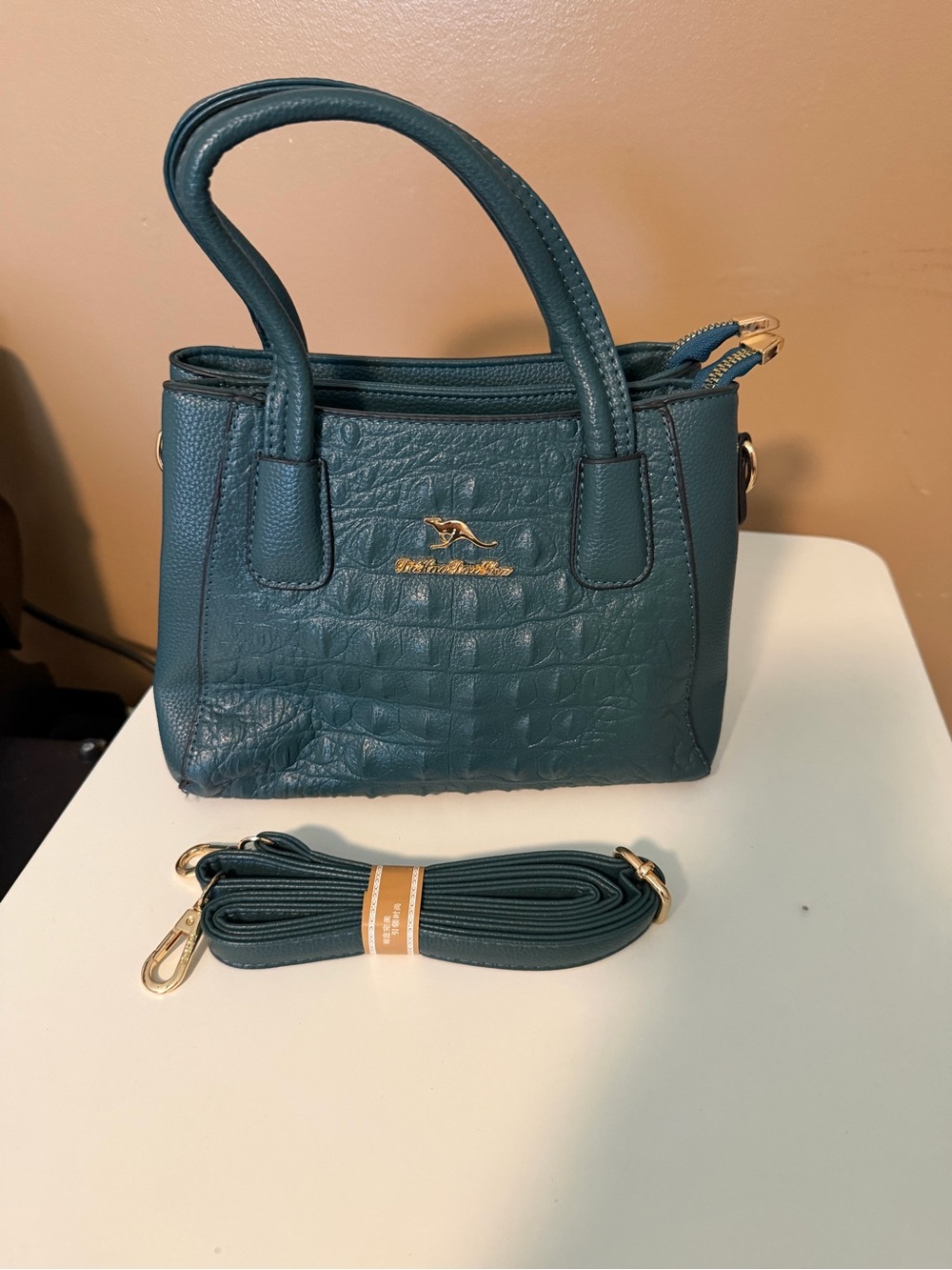 Teal Croc-Texture Top-Handle Satchel Bag with Detachable Strap